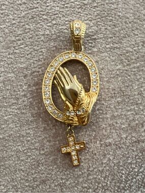 Gold Praying Hands Pendant Necklace with Crystal Cross